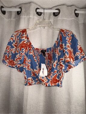 Blue & Orange Floral Smocked Crop Top - Women